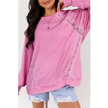 Bright Pink Lace Patched Raglan Sleeve Loose Fit Sweatshirt