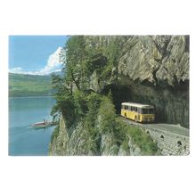 AM THUNERSEE vintage unused postcard yellow and white coach, bus #