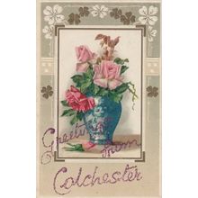 Colchester Greetings Amtique Silk Style REAL GLITTER Old Essex Postcard