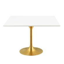 48" White Square Pedestal Stem Dining Table Lacquered Wood Top Gold Base
