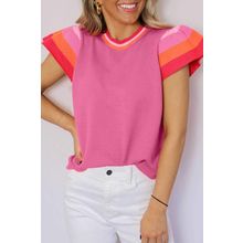 Bright Pink Contrast Flutter Sleeves Knitted Sweater T Shirt
