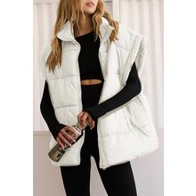 Beige Zipper Stand Neck Oversized Puffer Vest