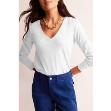 White Solid Color V Neck Long Sleeve Stretchy Top