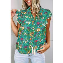 Green Lace Trim Flutter Sleeve Tropical Floral Blouse