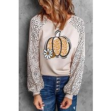 Khaki Leopard Raglan Long Sleeve Floral Pumpkin Graphic Top