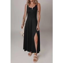 Black Sleeveless Scoop Neck Flared Split Midi Dress