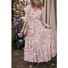 Red Boho Half Sleeve Floral V Neck Maxi Dress