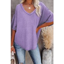 Purple Exposed Seam Half Sleeve Knitted V Neck Textured Top