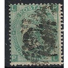 1865 SG101 1/- Green Plate 4 Wmk Emblems Good+ Used Check Letters "PL".