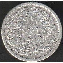 1918 Netherlands 25 Cents Silver Coin