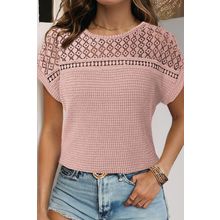 Light Pink Lace Patchwork Waffle Short Sleeve Top