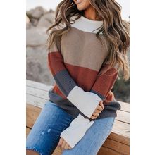 Color Block Knitted O-neck Pullover Sweater