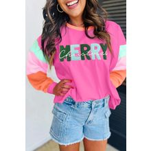 Rose Red Chenille MERRY Christmas Patched Colorblock Long Sleeve Top