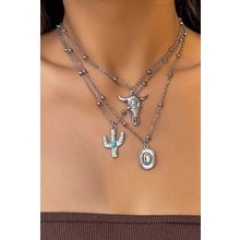Silvery Western Steer Cactus Pendant Adjustable Multi Layer Necklace