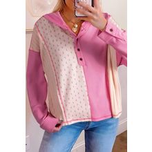 Pink Mixed Texture Waffle Floral Patchwork Hooded Oversize Pullover