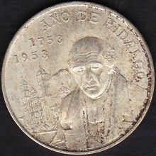 1953 Mexico 5 Pesos Silver Coin Bicentennial of Miguel Hidalgo Birth