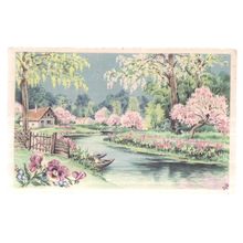 FRENCH used antique postcard TREES OF BLOSSOM, river, house not posted =