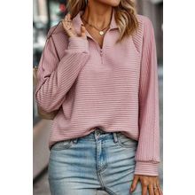 Peach Blossom Ribbed Texture Quarter Zip Sweatshirt