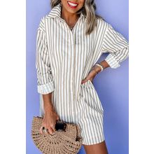 Khaki Stripe Long Sleeve Button Up Mini Shirt Dress