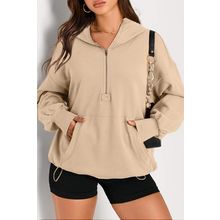 Parchment Solid Kangaroo Pocket Half Zipper Oversized Hoodie