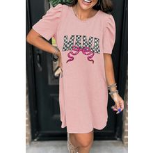 Blossom MAMA Bow Patched Graphic Puff Sleeve Corded Mini Dress