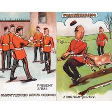 Illustrated Army Orders Present Arms Butt Practice 2x Comic Postcard s