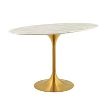48" Oval Tulip Dining Table White Genuine Stone Artificial Marble Top Gold Base