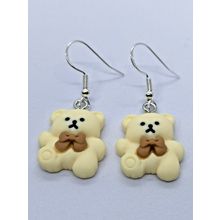 Cute Cream Teddy Bear with Brown Bow Charm Earrings. Silver Plated Fish Hooks