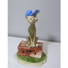 Vintage Lino Zampiva Cat in Blue Hat Sitting on Suitcase Figurine - 1976