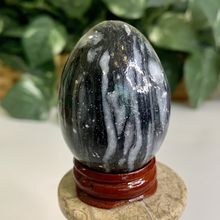 Striped Black Marble Stone Egg Figurine W Stand Crystal Healing Chakra Reiki 2"