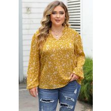 Yellow Plus Size Floral Print Ruched Split Neck Blouse