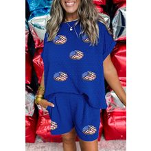 Sky Blue Textured USA Flag Doughnut Graphic Buttoned Back Tee and Shorts