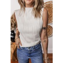 White Solid Color Wavy Textured Round Neck Tank Top