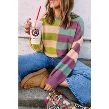 Green Stripe Drop Shoulder Ribbed Edge Casual Sweater
