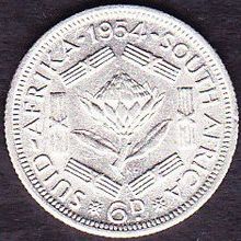 1954 South Africa 6 Pence Silver Coin