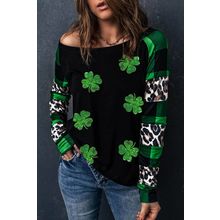 Green Sequin Clover Patch Graphic Plaid&Leopard Sleeve Top
