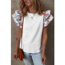 White Abstract Print Tiered Ruffled Sleeve Textured Knit Top