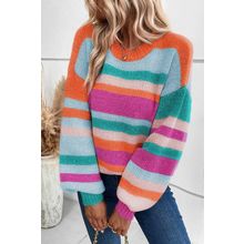 Multicolor Striped Knit Drop Shoulder Puff Sleeve Sweater