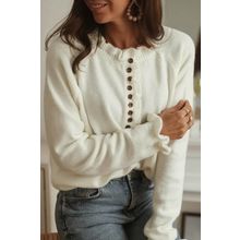 Beige Frill Trim Buttoned Knit Pullover Sweater