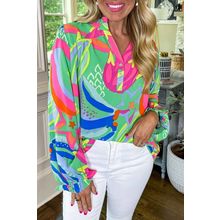 Green Abstract Print Ruffled Sleeve Buttoned V Neck Blouse