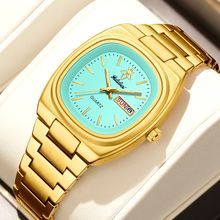 Ladies Gents Square Green Face Day Date Gold Plated Brushed Bracelet Watch Boxed