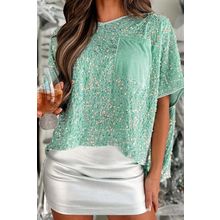 Moonlight Jade Sequin Batwing Sleeve V Neck Velvet Blouse
