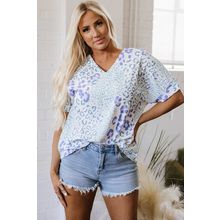 Sky Blue Mixed Leopard Print V Neck Short Sleeve Blouse
