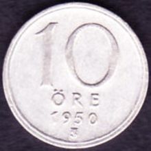 1950 Sweden 10 Ore Silver Coin