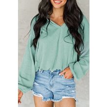 Green Loose Fit Ribbed V Neck Hoodie