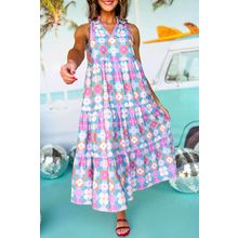 Sky Blue Floral Print Frilly Neck Sleeveless Tiered Maxi Dress