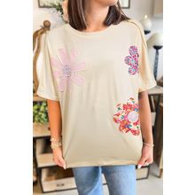 Apricot Flower Patched Exposed Stitching Trim Crew Neck Loose Tee