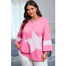 Pink Star Patched Colorblock Raw Edge Bracelet Sleeve Plus Size Loose Tee