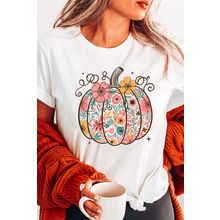 White Floral Pumpkin Print Cotton Blend T Shirt
