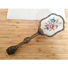 Vintage English Petitpoint Brush | Brass Handle Hair Brush | Floral Embroidery